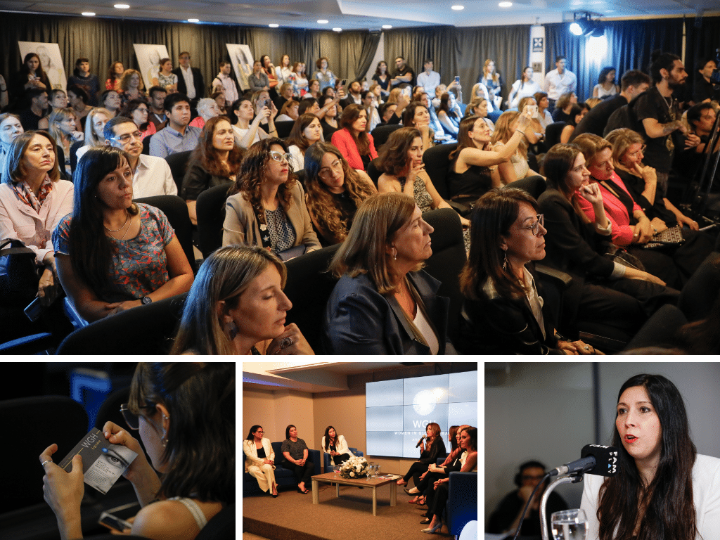 Collage of four photos, on the top lecture hall with dozens of elegant women during WGH Argentina launch. At the bottom left - women holidng WGH Argentina flyer. In the middle - women in the panel discussion. On the right - woman talking to the microphone.